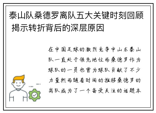 泰山队桑德罗离队五大关键时刻回顾 揭示转折背后的深层原因