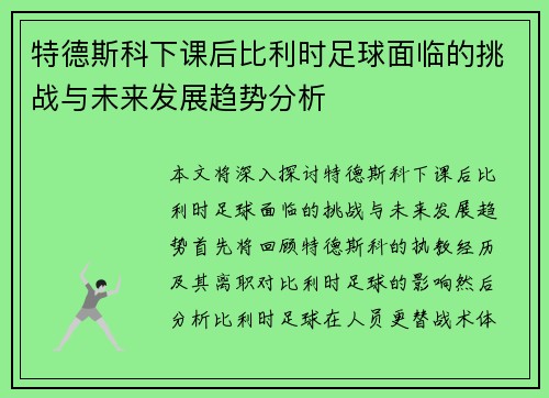 特德斯科下课后比利时足球面临的挑战与未来发展趋势分析