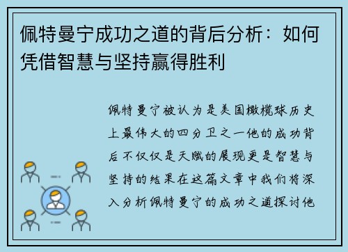佩特曼宁成功之道的背后分析：如何凭借智慧与坚持赢得胜利